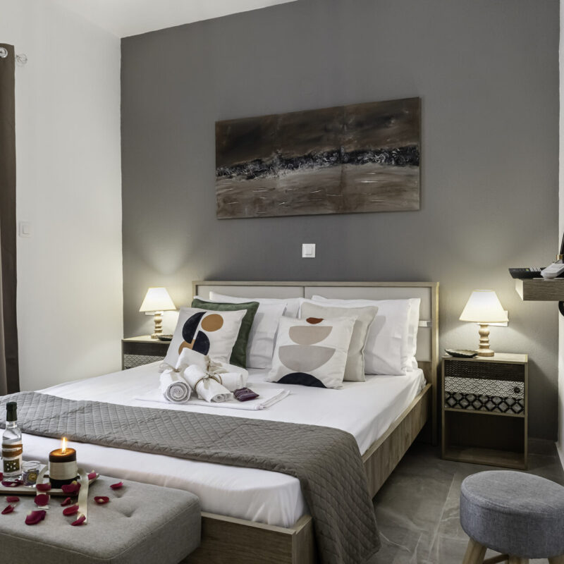 Thassos island vacation apartment soft pastel tones Charming Accommodations in Margio Bay Elegant Bed